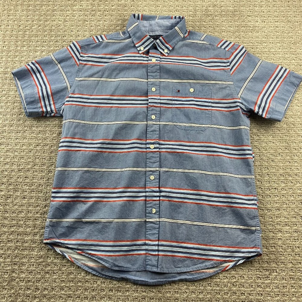 Tommy Hilfiger Shirt Men Large L Blue Red Plaid Button Down Classic Fit Casual